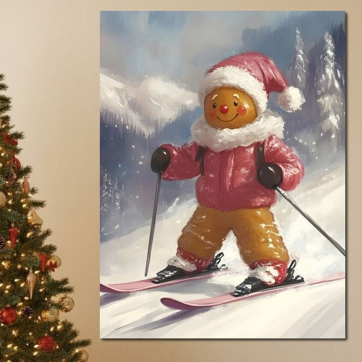 Tablou Canvas Premium, LuxCanva® D1094, Turtita pe Partie, Dulce, Prajitura, Schi, Iarna, Zapada, Munte, Aventura, Sport, Geaca, Rosie, Bucurie,Sarbatori, Veselie, Vacanta, Camera Copil, Living, Dormitor