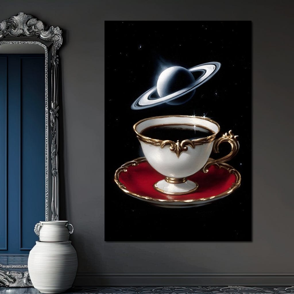 tablou canvas cu o ceasca cu cafea alba cu auriu, pe o farfurie rosie, pe fundal negru instelat si planeta Saturn