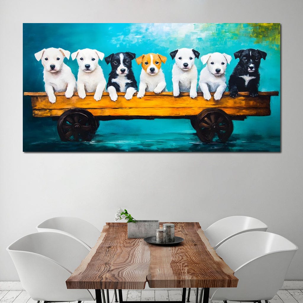 tablou canvas cu un grup de catelusi intr-un carucior rustic de lemn, pe fundal albastru