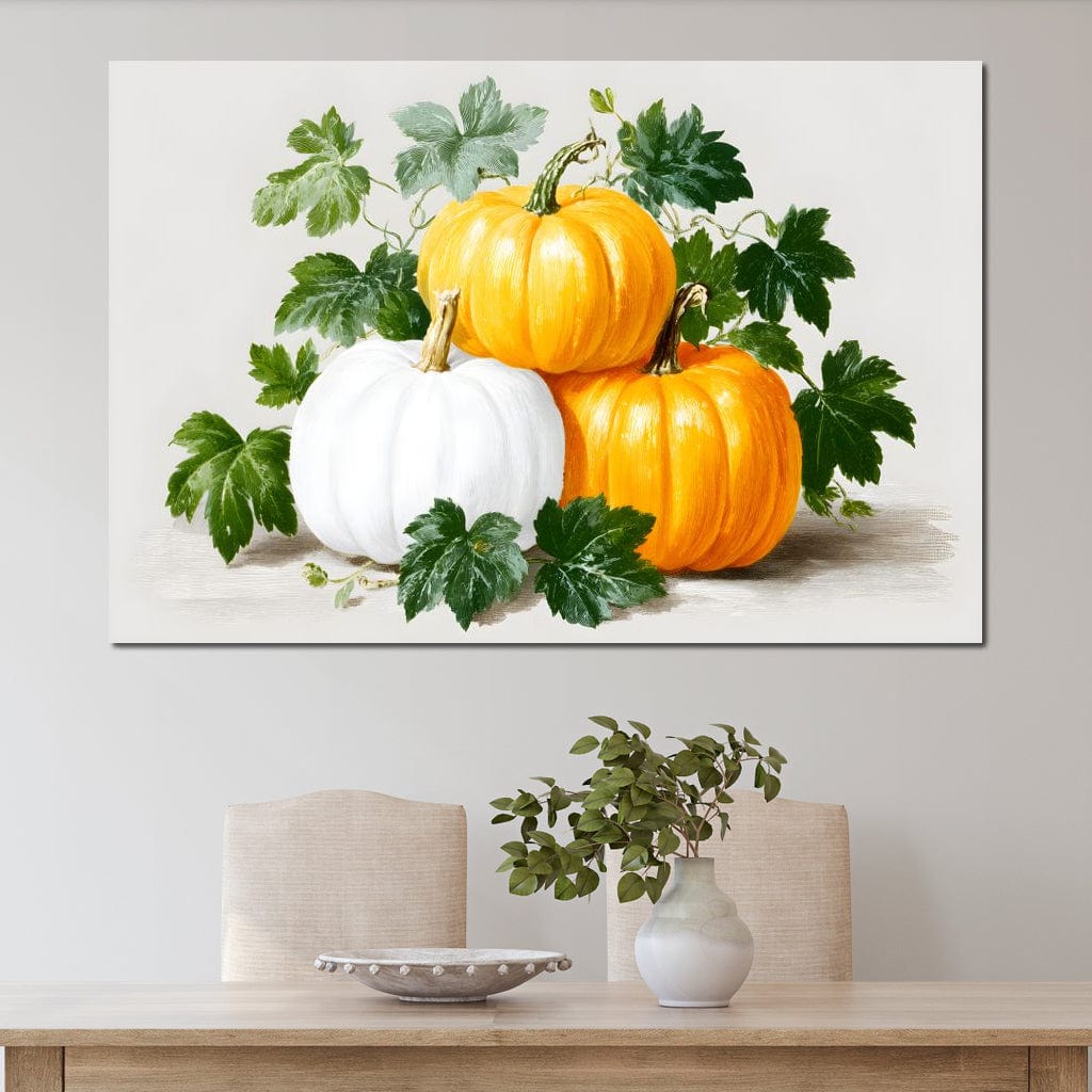 tablou canvas cu trei dovleci cu frunze, pe fundal alb