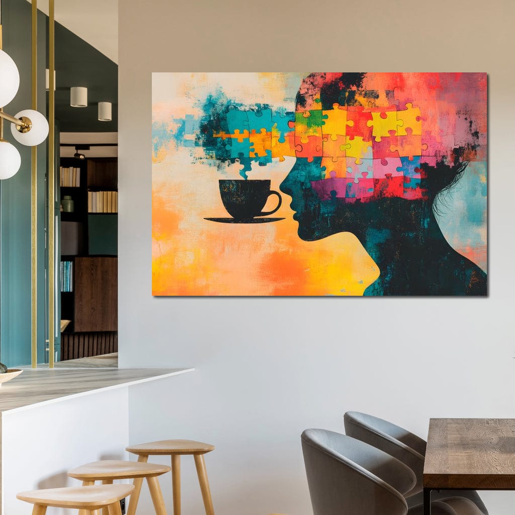 tablou canvas cu silueta unei femei, compusa din piese de puzzle multicolore, langa o ceasca neagra cu cafea, pe fundal pictat in culori vibrante