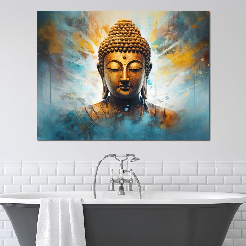 Tablou Canvas Premium LuxCanva® I123, Reflectia Iluminarii, Buddha, Zen, Iluminare, Pace Interioara, Spiritualitate, Armonie, Meditatie, Albastru, Gold, Living, Dormitor