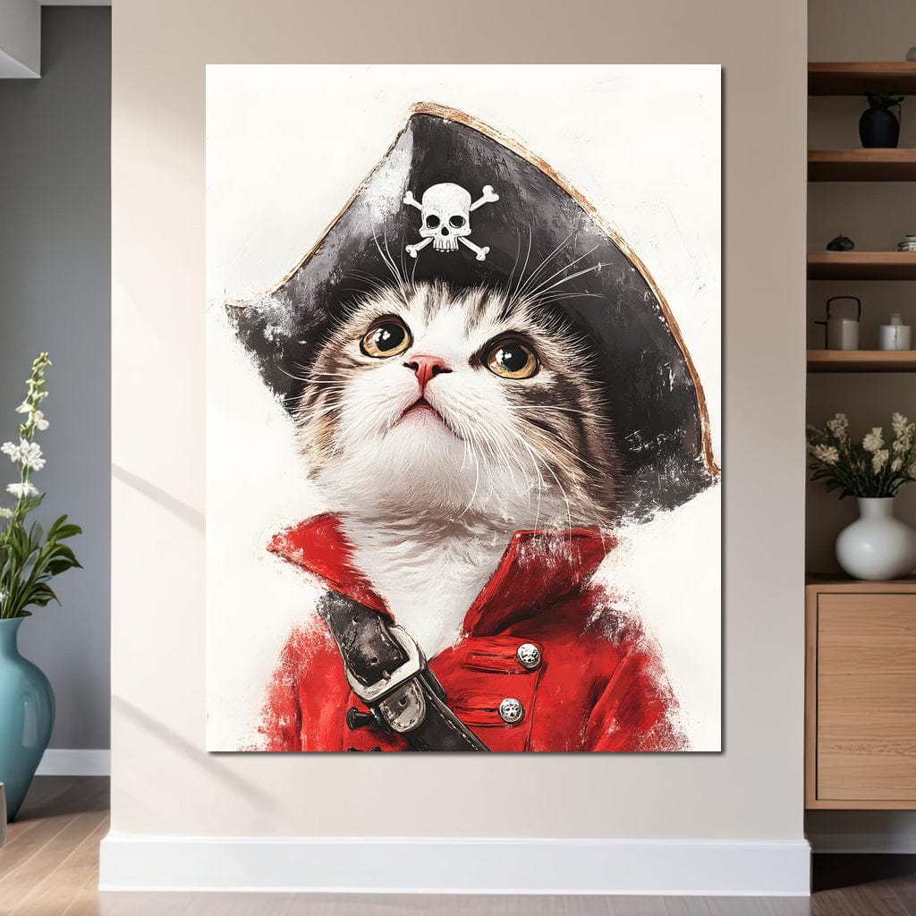 tablou canvas cu un pui de pisica imbracata in costum de pirat, pe fundal deschis si luminos
