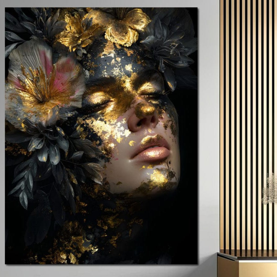 Tablou Canvas Premium, LuxCanva® G1219, Somnul Zeitei, Alchimie, Aur, Flori, Secret, Noapte, Incoronat, Baroc, Opulenta, Floral, Metamorfoza, Obscur, Mistic, Salon, Birou, Living, Dormitor