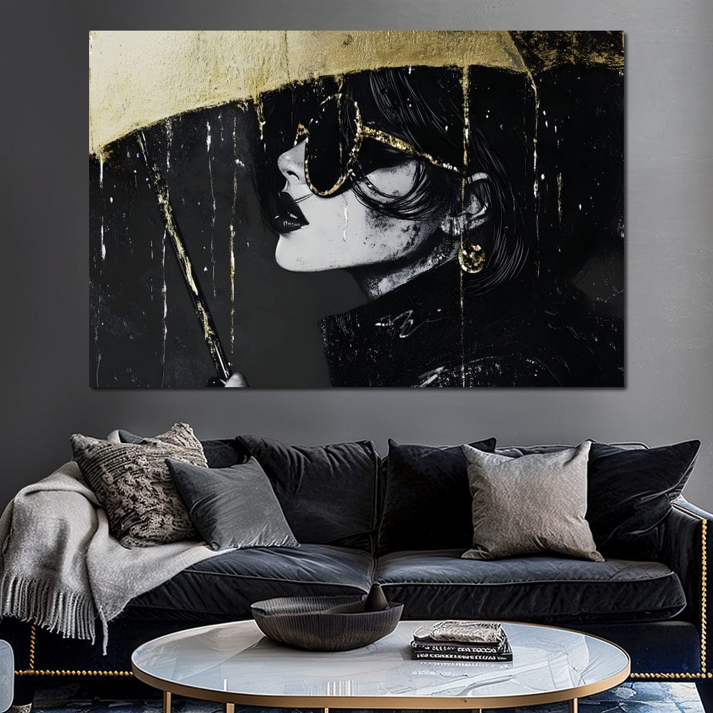Tablou Canvas Premium, LuxCanva® G1112, Glamour In Ploaie, Picaturi, Umbrela, Gold, Ochelari, Stil, Rafinament, Cinematic, Artista, Living, Dormitor