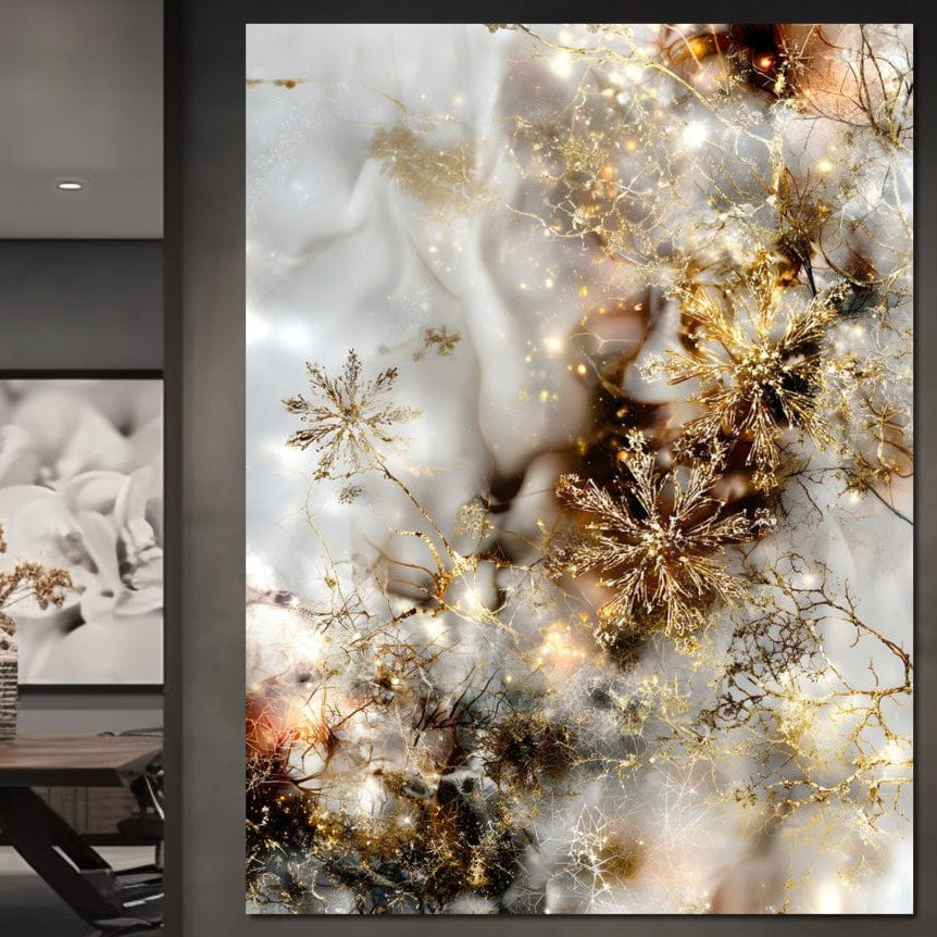 Tablou Canvas Premium, LuxCanva® D1067, Sclipire Inghetata, Aur, Iarna, Fragilitate, Fulgi, Lumina, Cristal,Dans, Alb, Eleganta, Rafinament, Frumusete, Abstracta, Stralucire, Camera Copil, Living, Dormitor