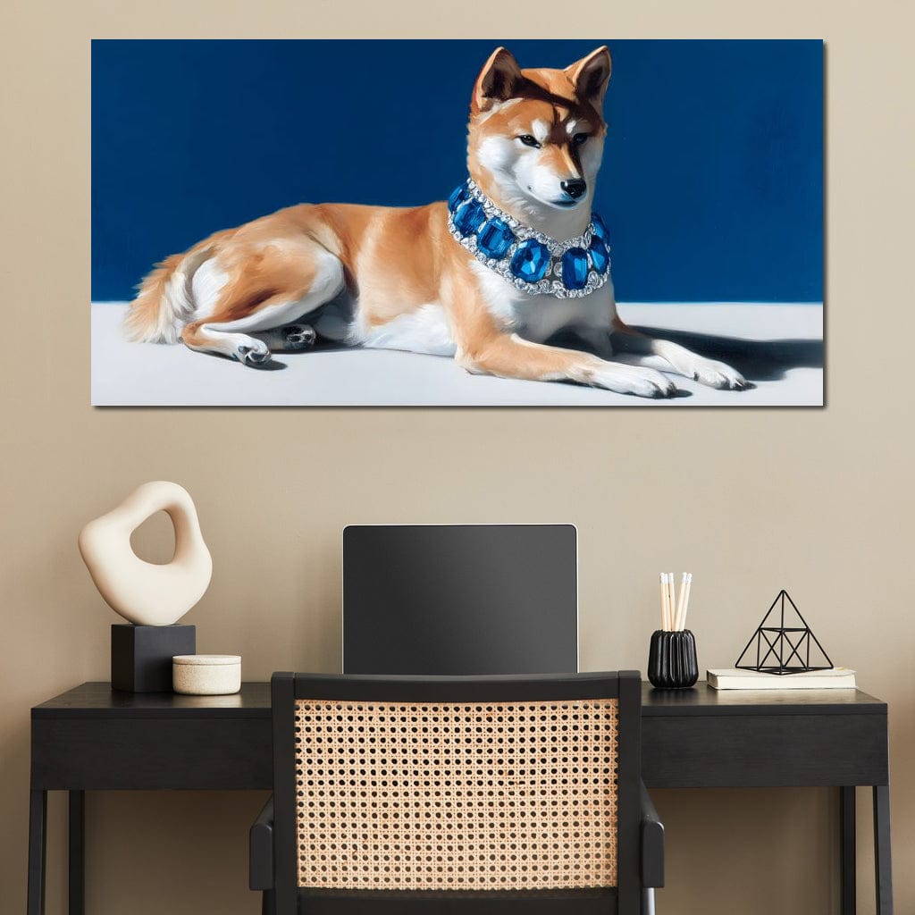 tablou canvas cu un caine shiba elegant, intr-o postura relaxanta purtand un colier cu pietre albastre, pe fundal minimalist 