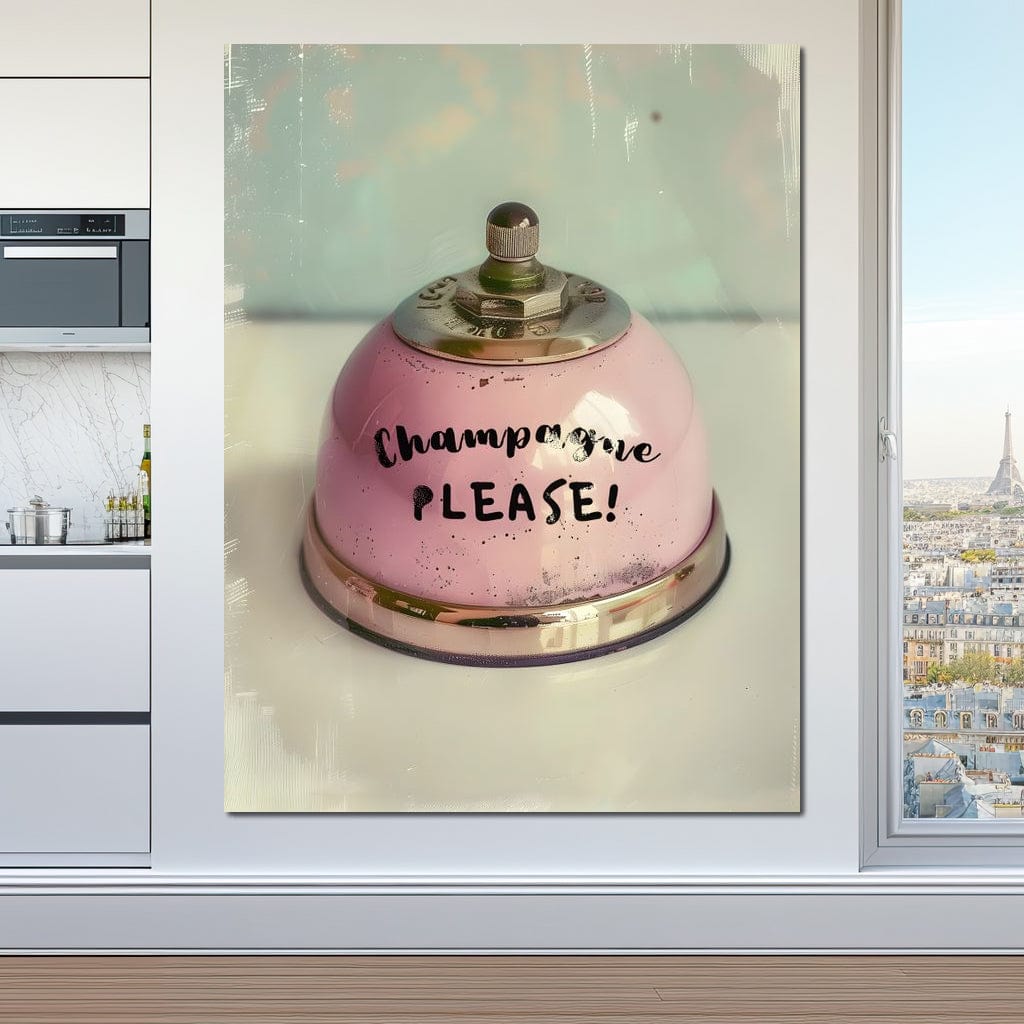 tablou canvas cu un clopotel roz pentru sampanie, decorat cu auriu, pe fundal vintage simplu