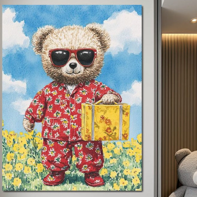Tablou Canvas Premium, LuxCanva® K1002, Ursuletul In Vacanta, Geanta, Flori, Pijamale, Ochelari de Soare, Plus, Vacanta, Copilarie, Prieten, Aventura, Cool, Camera Copii