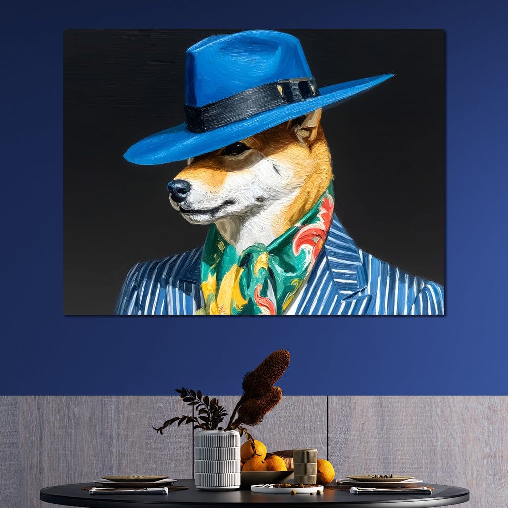 tablou canvas cu un caine imbracat elegant la costum in dungi, cu esarfa verde si palarie albastra, pe fundal negru