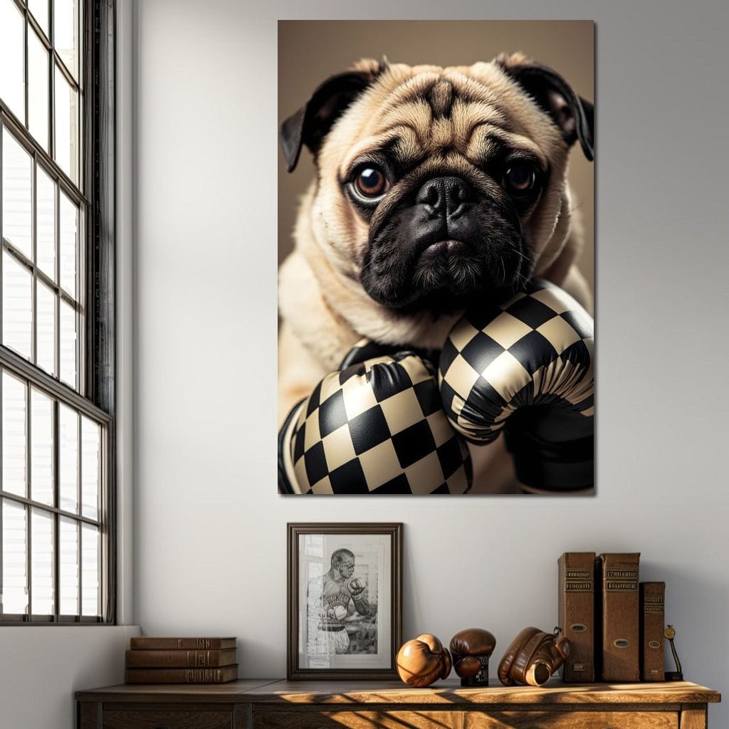tablou canvas cu un caine pug purtand manusi de box in carouri alb si negru