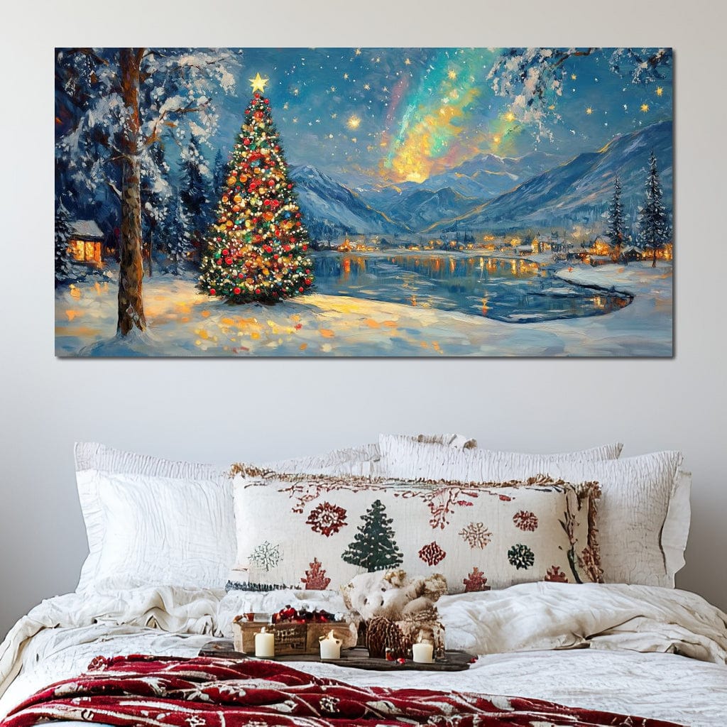 Tablou Canvas Premium LuxCanva® D1018, Luminile Magice ale Craciunului ,  Brad, Beculete, Lac, Sat, Stralucire, Living Room, Culori vibrante