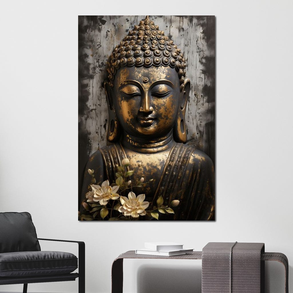 Tablou Canvas Premium LuxCanva® I128, Buddha si Floarea Sacra, Zen, Meditatie, Spiritualitate, Armonie, Pace Interioara, Echilibru, Lotus, Flori, Urna, Living, Dormitor