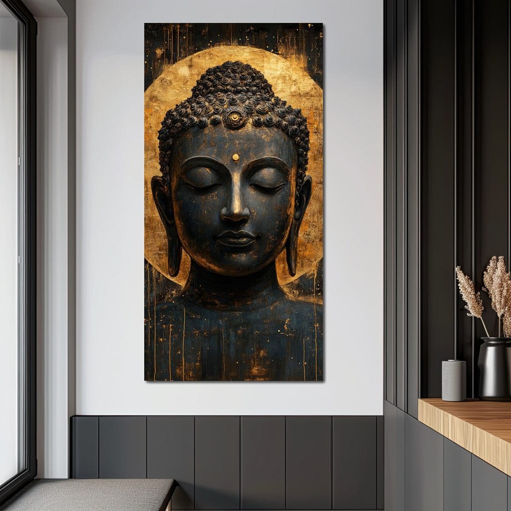Tablou Canvas Premium LuxCanva® I146, Energie si Liniste, Buddha, Zen, Liniste, Intelepciune, Iluminare, Spiritualitate, Armonie, Urna, Aura, Foc, Gold, Living, Dormitor