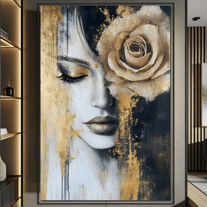 Tablou Canvas Premium, LuxCanva® G1207, Regina muta, Gold, Trandafir, Delicatete, Portret, Fragilitate, Chip, Petale, Umbra, Alchimie, Divin, Taina, Inger, Ochi, Suflet, Salon, Birou, Living, Dormitor