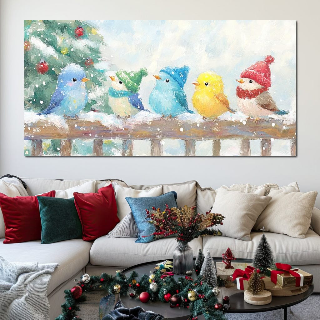 Tablou Canvas Premium LuxCanva® D1044, Pasarele in Straie de Iarna , Vrabiute, Iernatica, Veselie, Cantec, Prietenie, Living Room, Culori vibrante