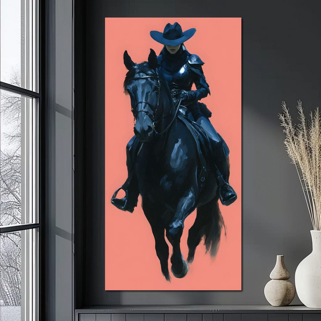 tablou canvas cu o femeie cu palarie de cowboy, calare pe un cal negru, pe fundal pastelat