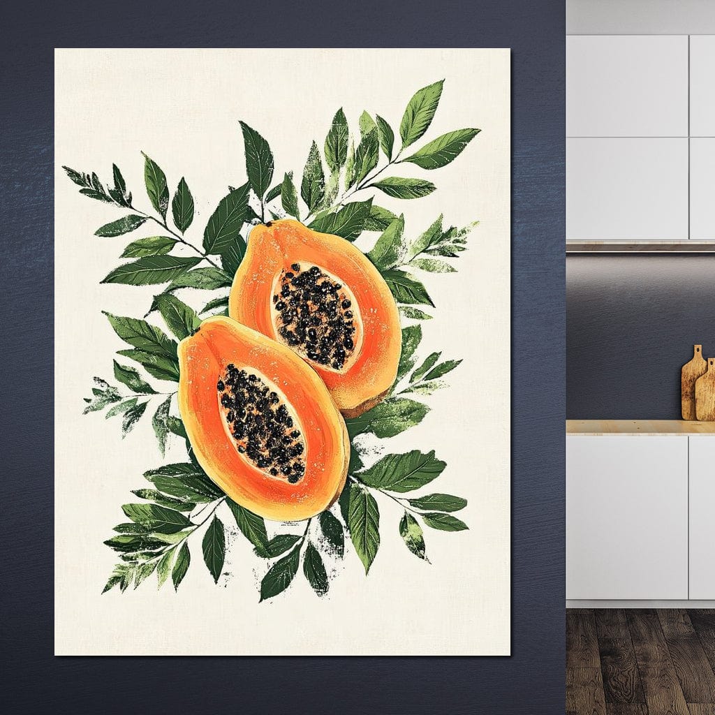 tablou canvas cu doua jumatati de papaya, cu frunze pe fundal alb