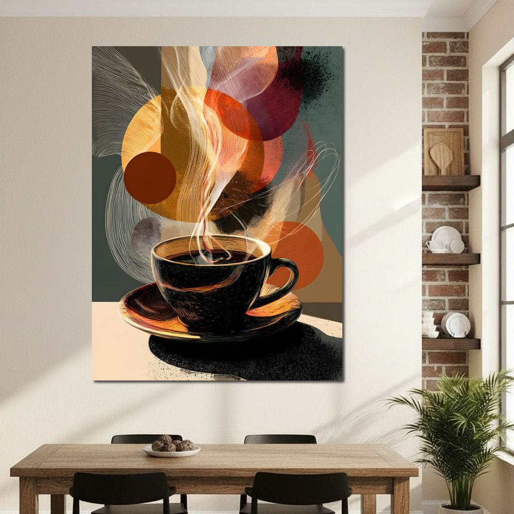 tablou canvas cu o ceasca de cafea espresso fierbinte, cu aburi, pe fundal abstract inchis cu forme nuante calde 
