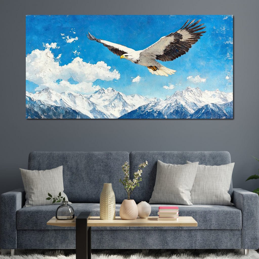 tablou canvas cu un vultur in zbor deasupra muntilor acoperiti de zapada