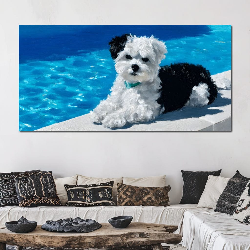 tablou canvas cu un catelus alb cu negru, relaxat pe marginea unei piscine pictate in nuante intense de albastru