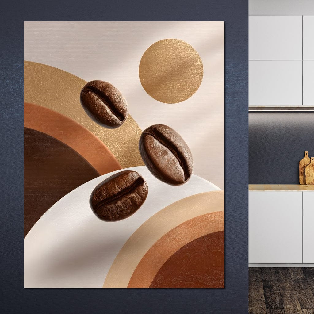 tablou canvas cu trei boabe de cafea, pe fundal abstract in nuante calde de maro, auriu si bronz