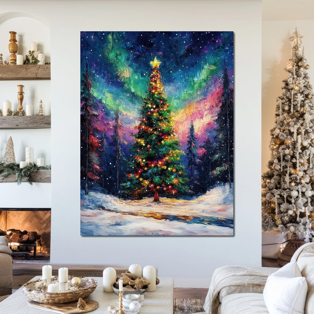 Tablou Canvas Premium LuxCanva® D1052, Aurora Boreala si Magia Bradului , Aurora, Craciun, Luminite, Padure, Instalatie, Living, Culori vibrante