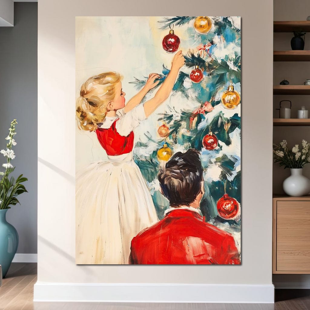 Tablou Canvas Premium LuxCanva® D1016, Fetita Impodobind Bradul , Ramuri, Brad, Impodobit, Familie, Globuri, Living Room, Culori vibrante