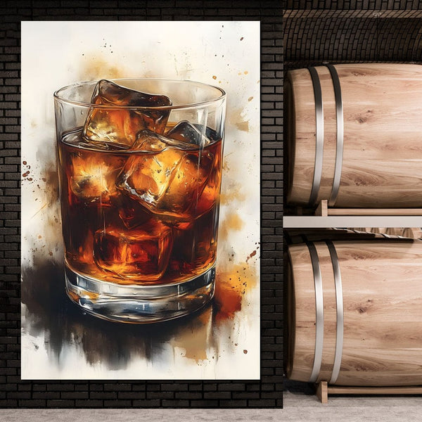 tablou canvas cu un pahar de whiskey cu gheata, pictat in nuante calde pe fundal deschis