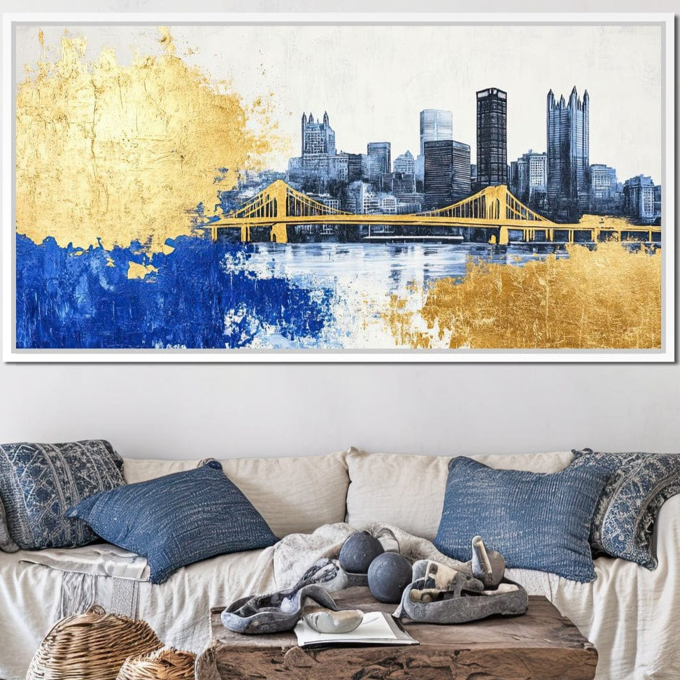 Tablou Canvas Premium, LuxCanva® O1030, Puntea dintre Cer si Apa, Pod, Gold, Auriu, Albastru, Armonie, Ecou, Oras, Umbre, Plutire, Structuri, Calator, Fericire, Motivatie, Birou, Living, Dormitor