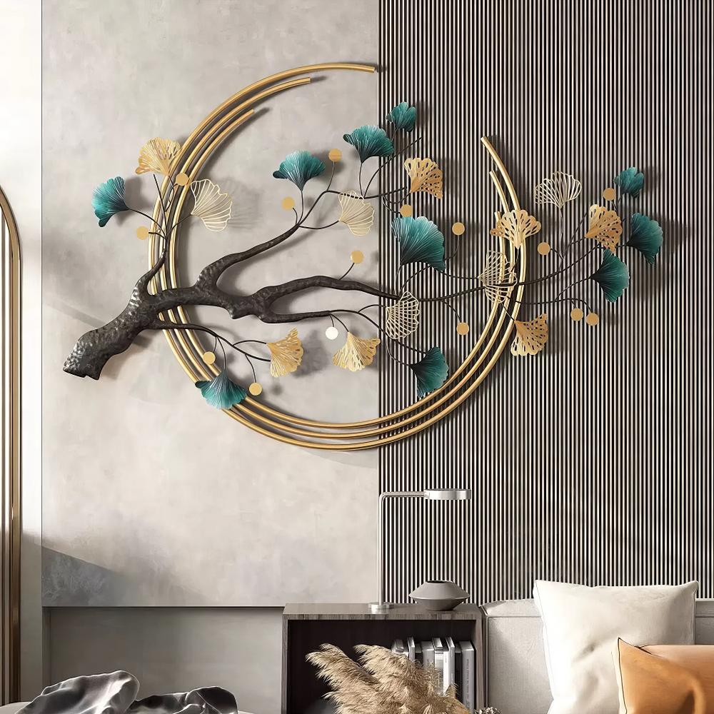 Tablou canvas cu decoratiune metalica cu ramura si frunze