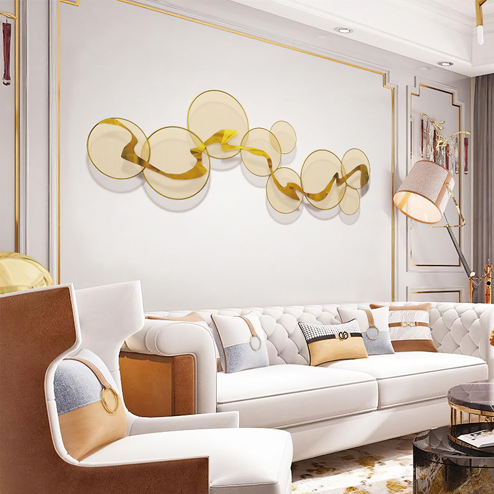 Decoratiune Metalica de Perete LuxCanva® Golden Flow A2525, din Metal, Orizontala, Auriu, Dimensiune Mare 180 x 68 cm