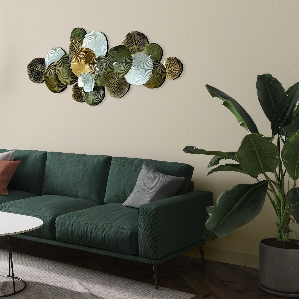 Decoratiune Metalica de Perete LuxCanva® Green Serenity A2508, din Metal, Orizontala, Verde Salvie, Auriu, Dimensiune Mare 165 x 77 cm