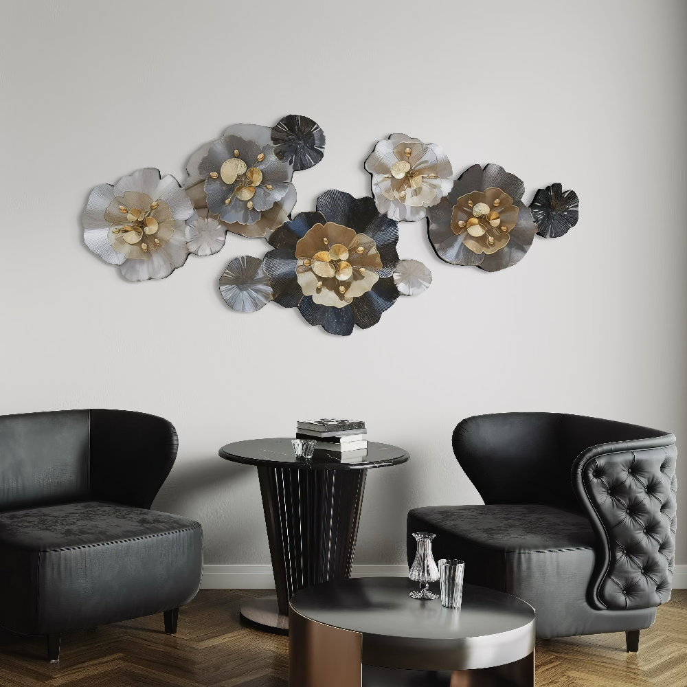 Decoratiune Metalica de Perete LuxCanva® CrystalBloom A2025M Negru, din Metal, Orizontala, Auriu, Alb, Gri, Negru, Dimensiune Mare 160 x 64 cm