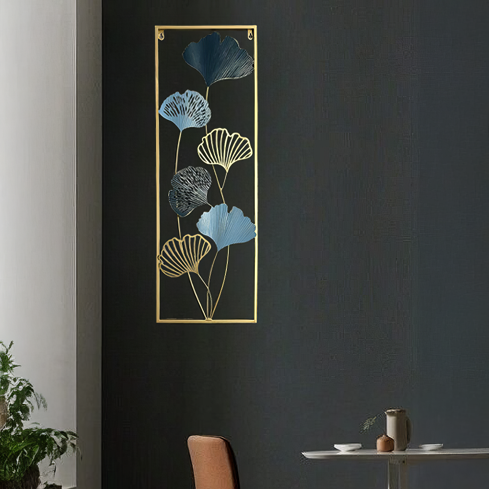 Decoratiune Metalica de Perete LuxCanva® Blue Petal Contour A2926R, din Metal, Verticala, Auriu, Bleu, Gri Petrol, Dimensiune Mare 30 × 85 × 2 cm