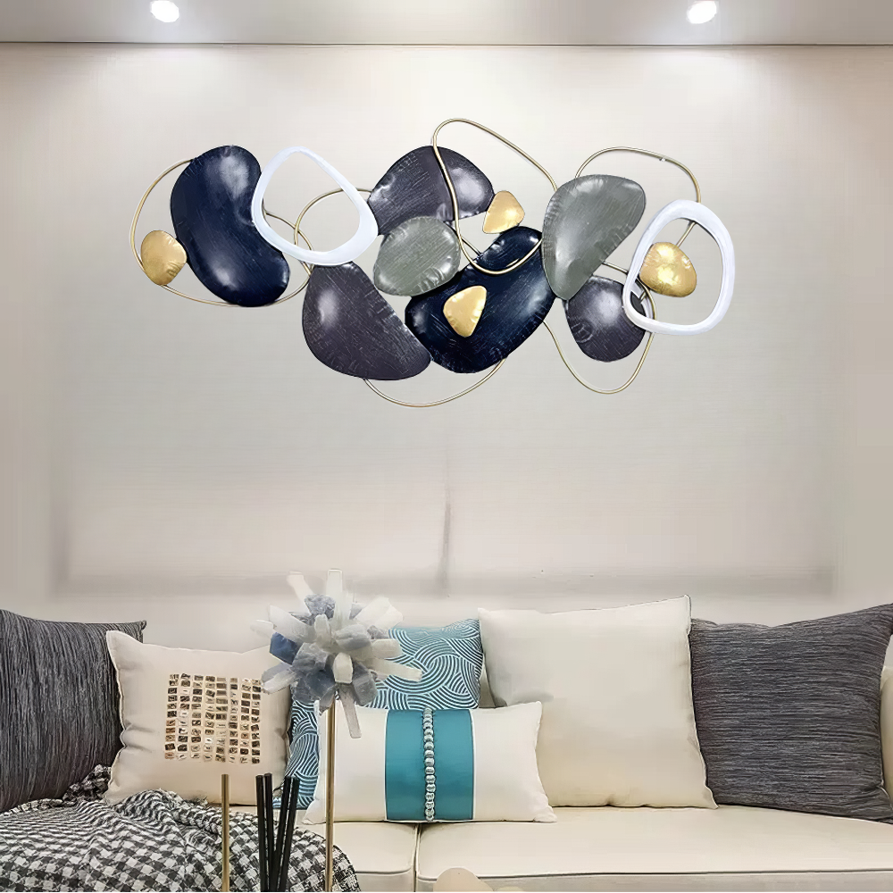 Decoratiune Metalica de Perete LuxCanva® Stone Harmony A2028, din Metal, Orizontal, Negru, Gri, Alb, Auriu, Dimensiune Mare 135 x 64 cm