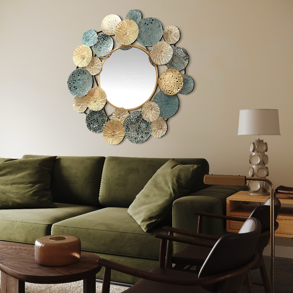 Decoratiune Metalica de Perete LuxCanva® OpalCircles A0921, din Metal, Rotunda, Auriu, Verde, Dimensiune Mare 84 × 73 x 3 cm