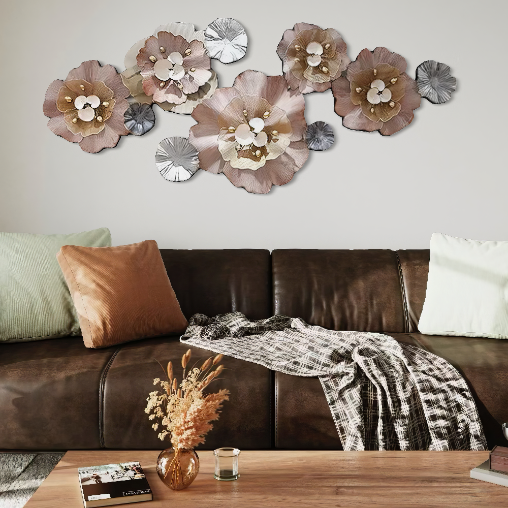 Decoratiune Metalica de Perete LuxCanva® CrystalBloom A2025M Roz, din Metal, Orizontala, Roz, Auriu, Gri, Dimensiune Mare 160 x 64 cm