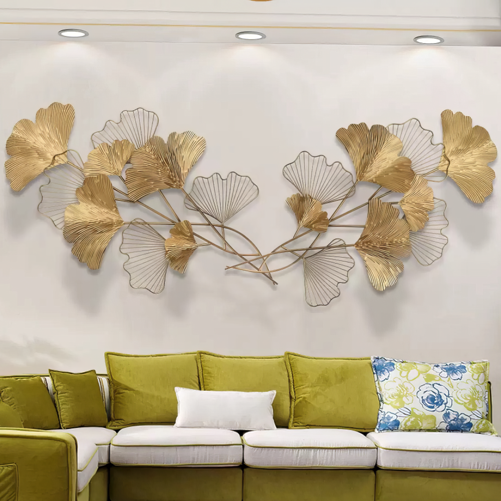 Tablou canvas cu decoratiune metalica frunze de ginkgo