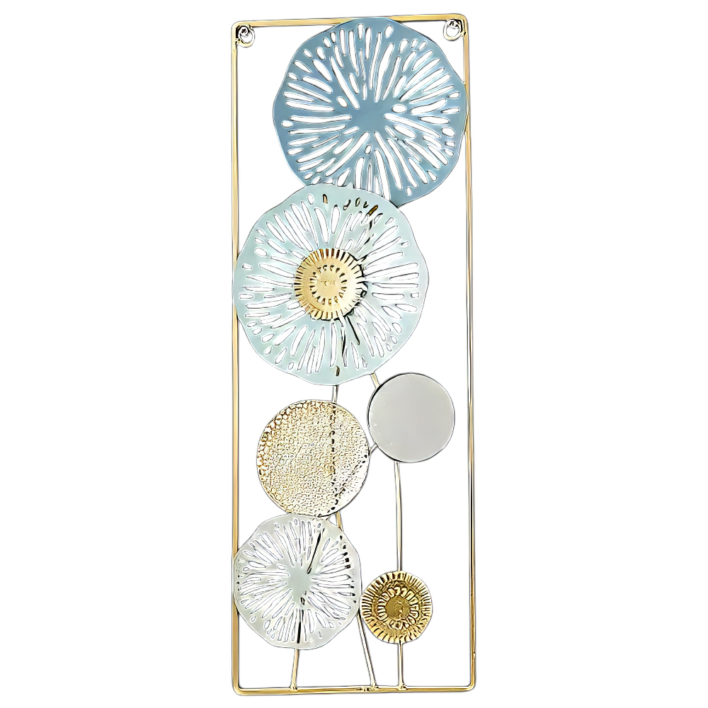 Decoratiune Metalica de Perete LuxCanva® BloomFrame A2920, din Metal, Verticala, Albastru, Auriu, Argintiu, 22 × 60 x 2 cm