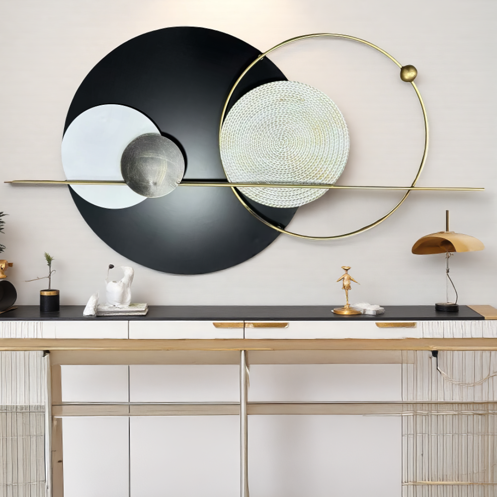 Decoratiune Metalica de Perete LuxCanva® Element Lines A2261, din Metal, Negru, Gold, Alb, Gri, Auriu, Dimensiune Mare 110 x 60 cm