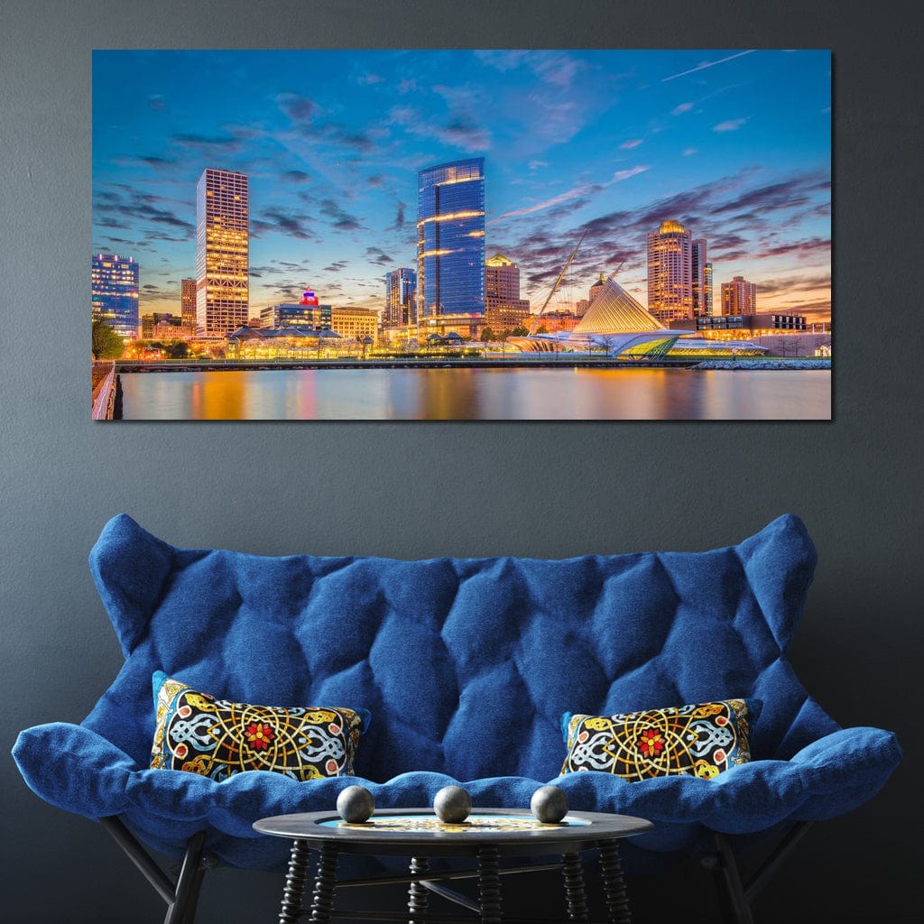 Tablou Canvas Premium, LuxCanva® O1057, Orasul care Straluceste, Lumini, Urban, Milwaukee, Nori, Metropola, Apis, Apa, Panorama, Vibratie, Orizont, Tablou, Plimbare, Birou, Living, Dormitor