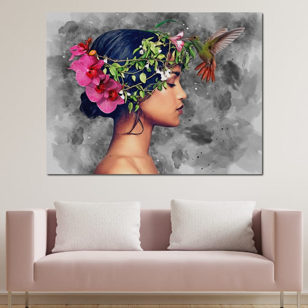 Tablou Canvas Premium, LuxCanva® G1107, Fata si Pasarea Colibri, Natura, Pasare, Flori, Aripi, Poetic, Frumusete, Feminitate, Zbor, Living, Dormitor