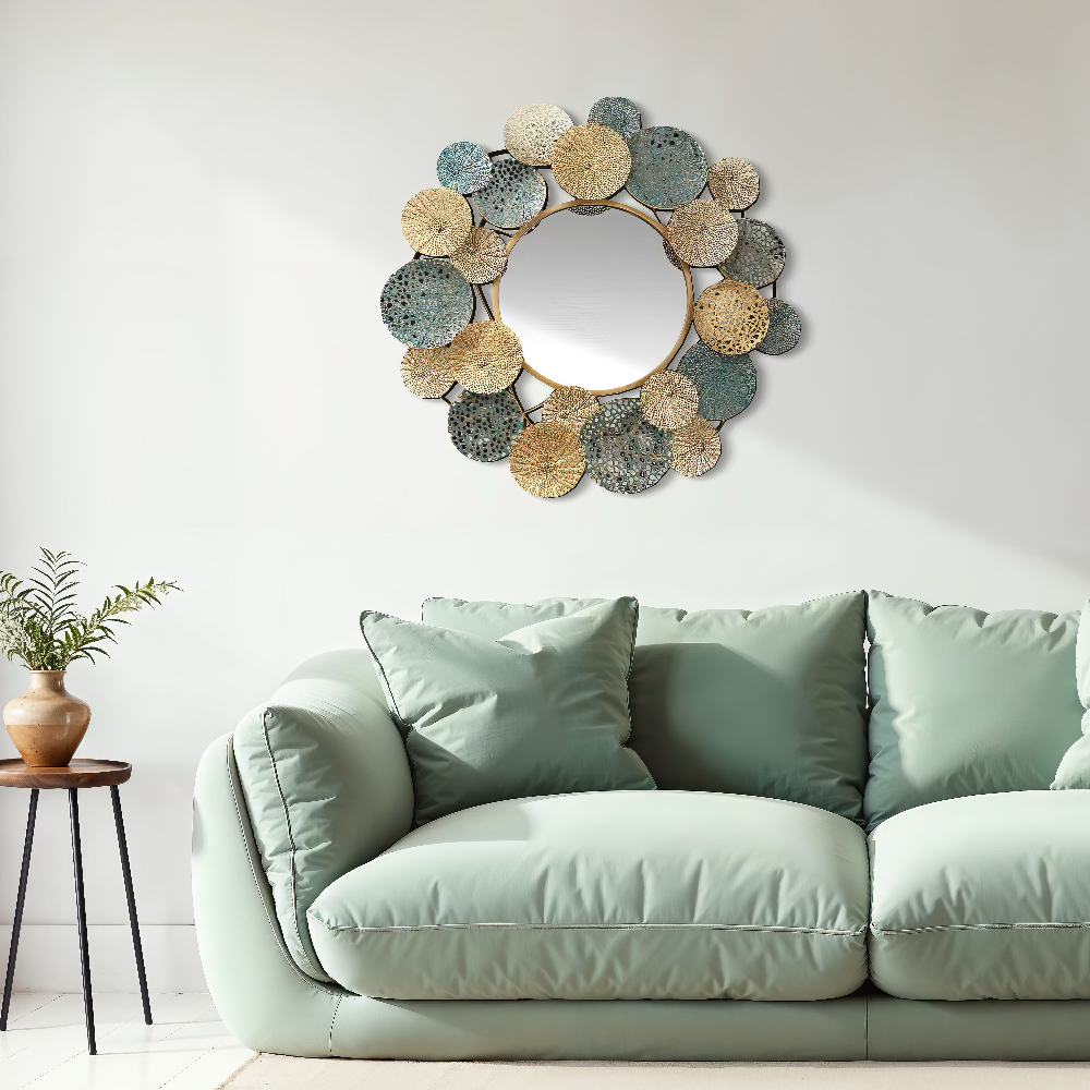 Decoratiune Metalica de Perete LuxCanva® OpalCircles A0921, din Metal, Rotunda, Auriu, Verde, Dimensiune Mare 84 × 73 x 3 cm