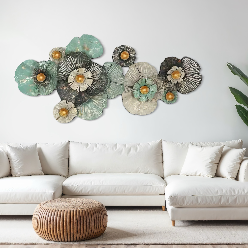 Decoratiune Metalica de Perete LuxCanva® FloraHarmony A0662, din Metal, Orizontala, Auriu, Alb, Negru, Verde, Dimensiune Mare 159 × 74 x 11 cm