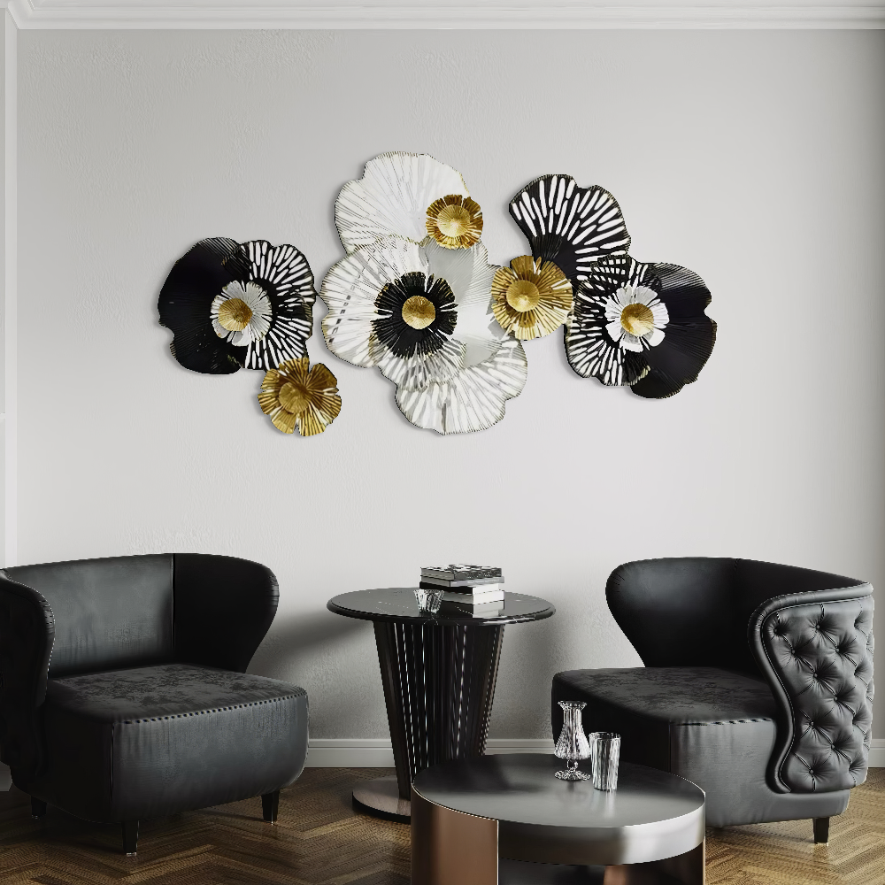 Decoratiune Metalica de Perete LuxCanva® RoyalSimplicity A0963, din Metal, Orizontala, Negru, Auriu, Alb, Dimensiune Mare 155 x 70 cm