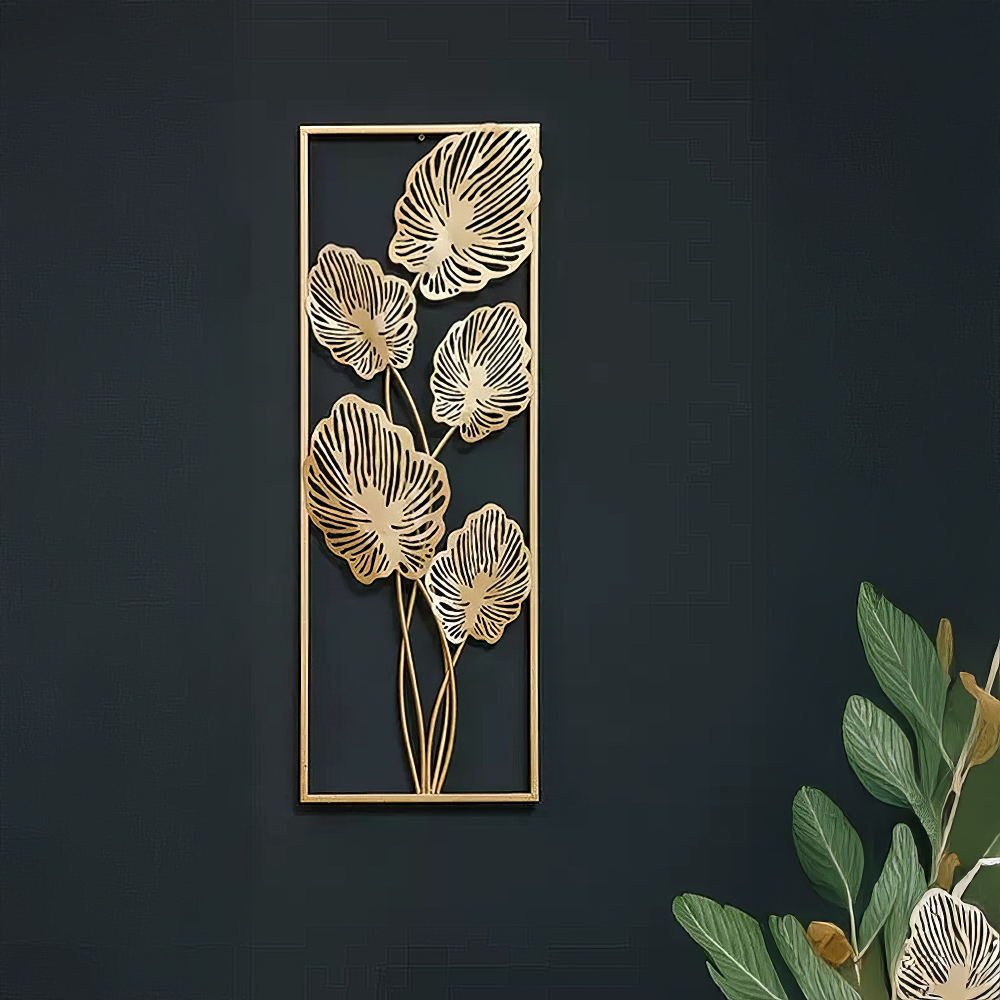 Decoratiune Metalica de Perete LuxCanva® Golden Leafs Contour A2923L, din Metal, Verticala, Auriu, Dimensiune Mare 30 × 85 × 3.5 cm