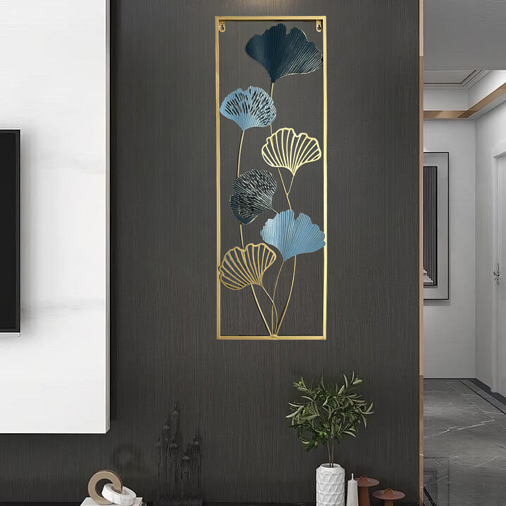 Decoratiune Metalica de Perete LuxCanva® Blue Petal Contour A2926R, din Metal, Verticala, Auriu, Bleu, Gri Petrol, Dimensiune Mare 30 × 85 × 2 cm