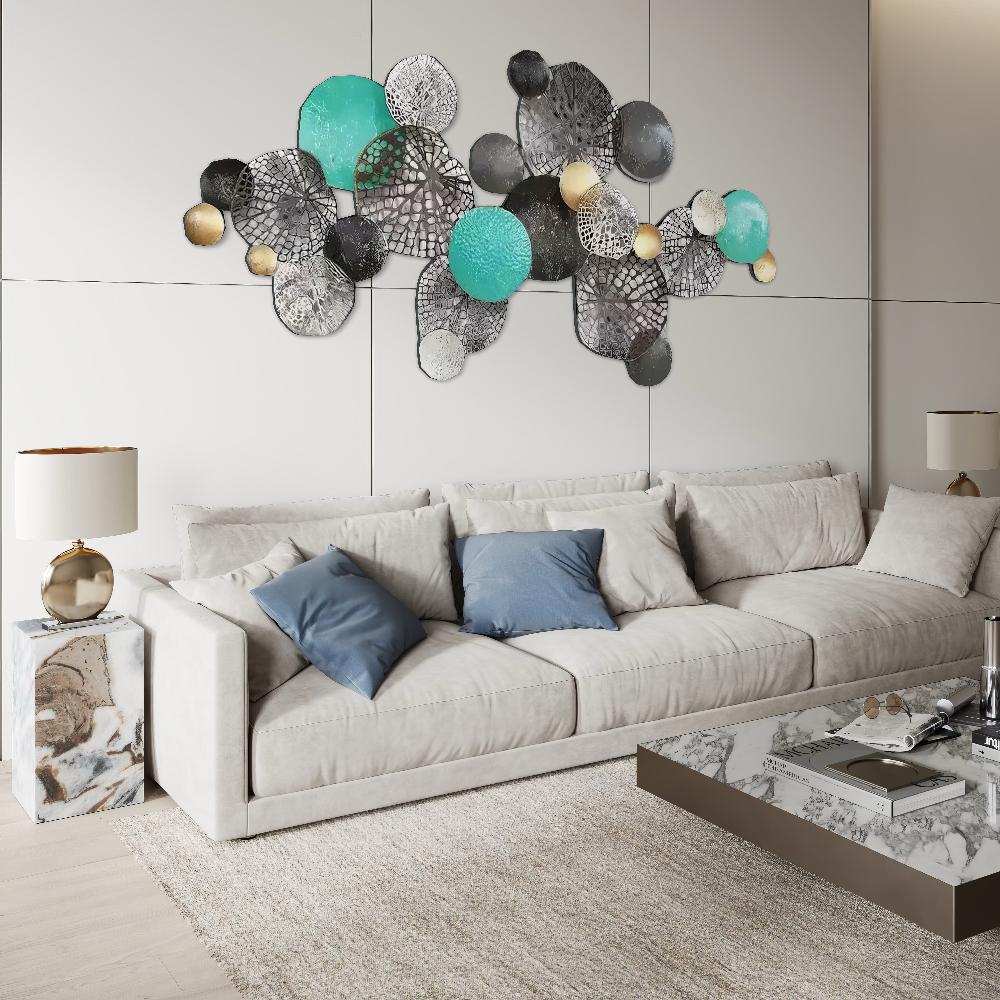 Decoratiune Metalica de Perete LuxCanva® Circle Wall Art A2027, din Metal, Orizontal, Turquoise, Gold, Silver, Dimensiune Mare 133 x 68 cm