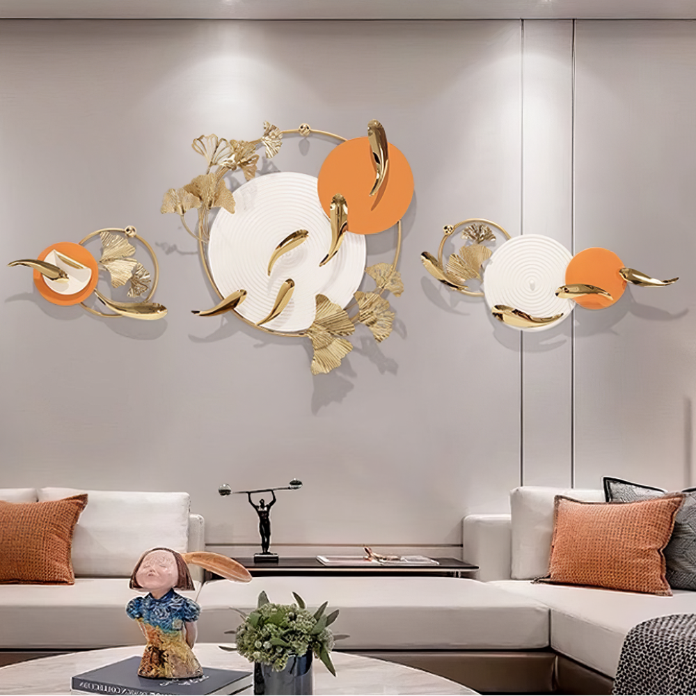 Tablou canvas cu decoratiune metalica de perete cu cercuri si pesti aurii